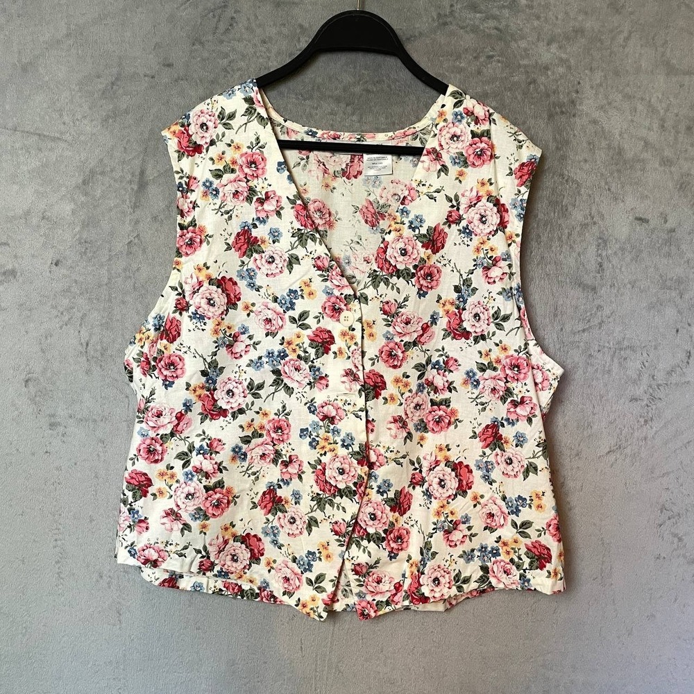 Vintage Floral Button Front Vest XL Cottagecore Granny Boho Cotton Prairie